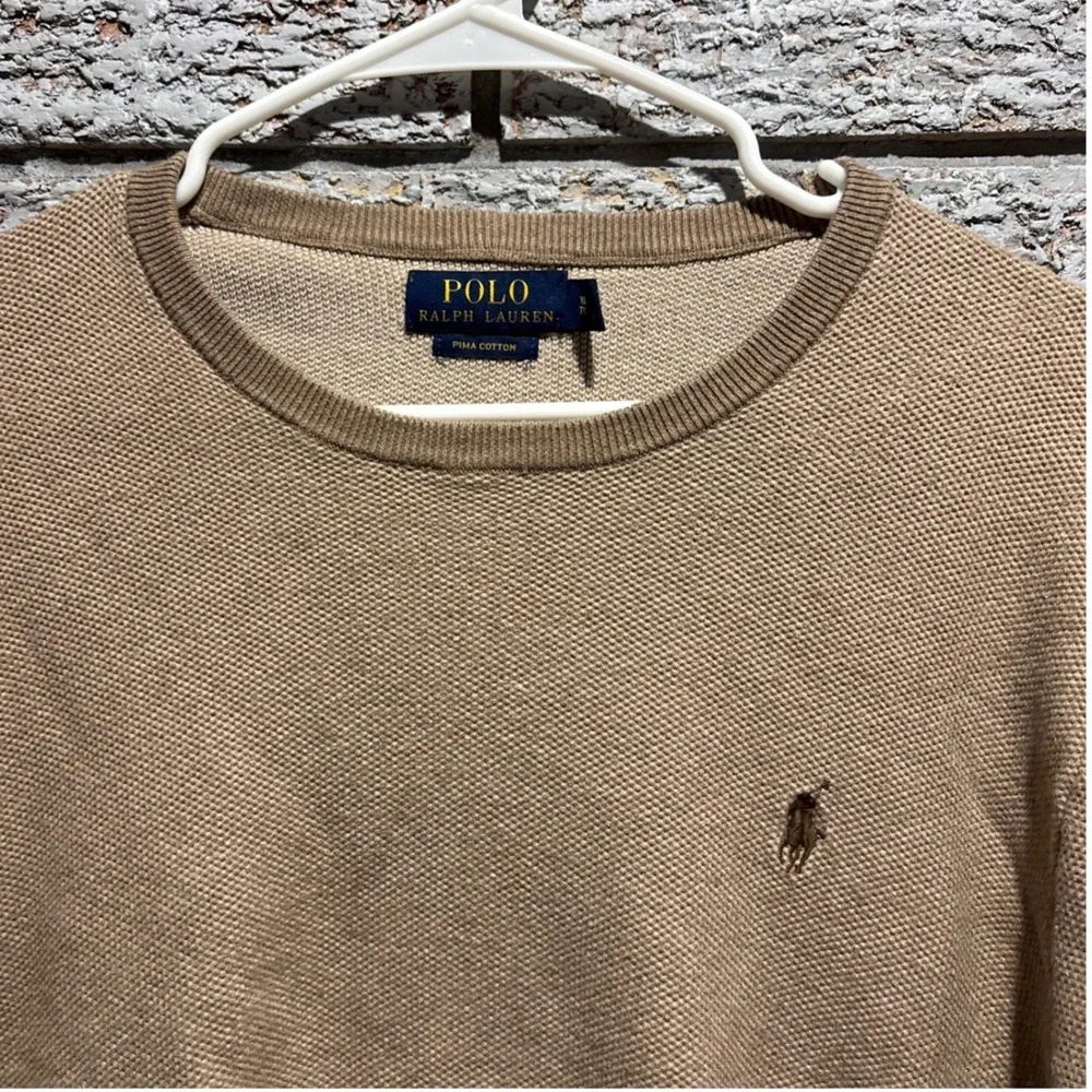 Polo Ralph Lauren Mens XL Pima Cotton Crewneck Sweater Tan Beige Knit Pony Logo